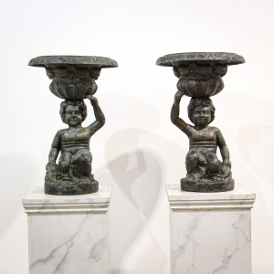 Pair of Sculptural Cast Iron Garden Planter Urns