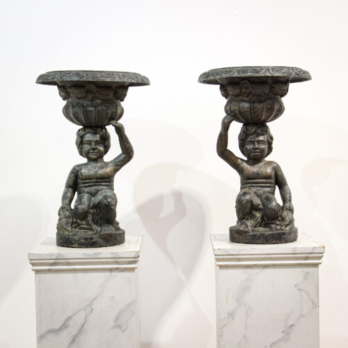 Pair of Sculptural Cast Iron Garden Planter Urns