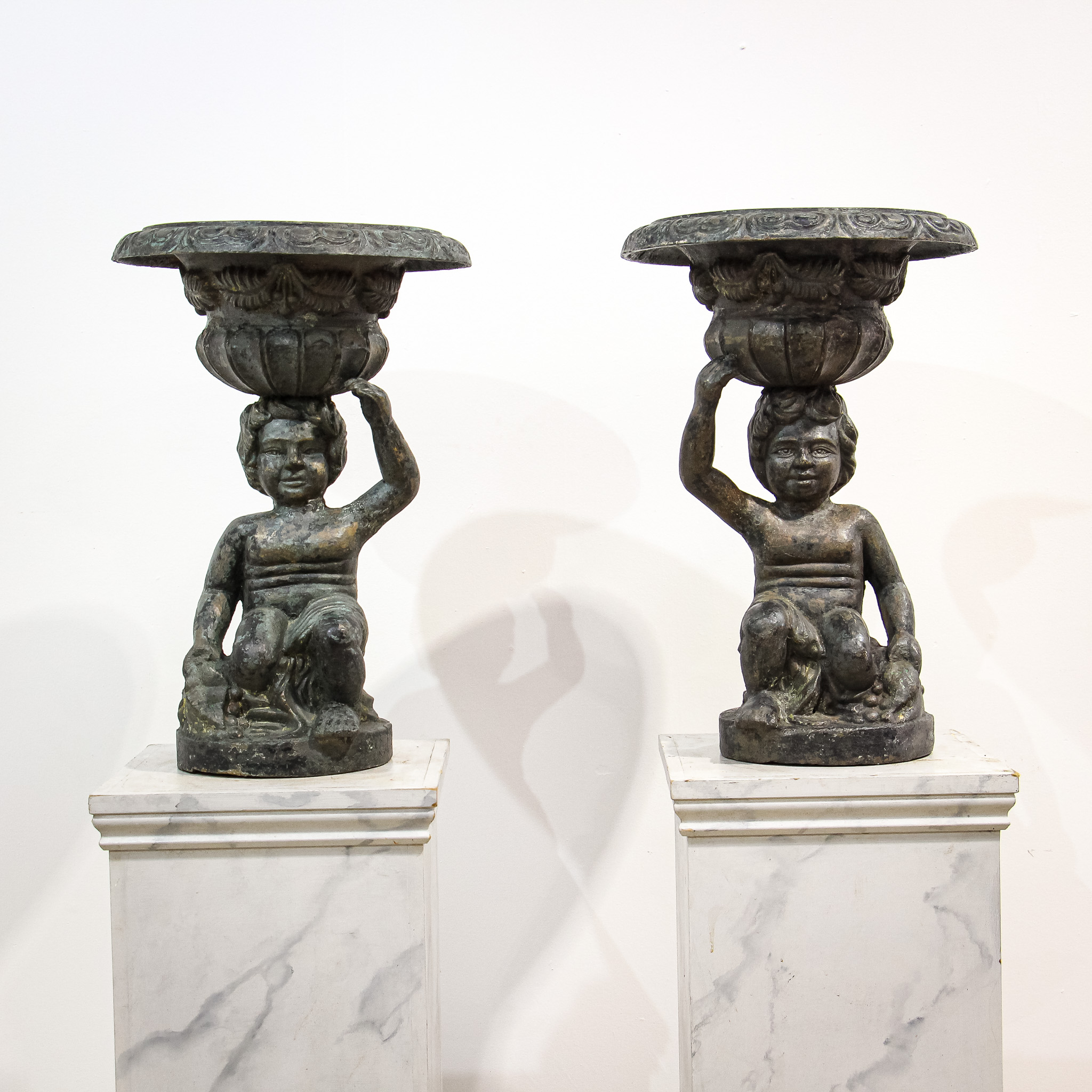Pair of Sculptural Cast Iron Garden Planter Urns