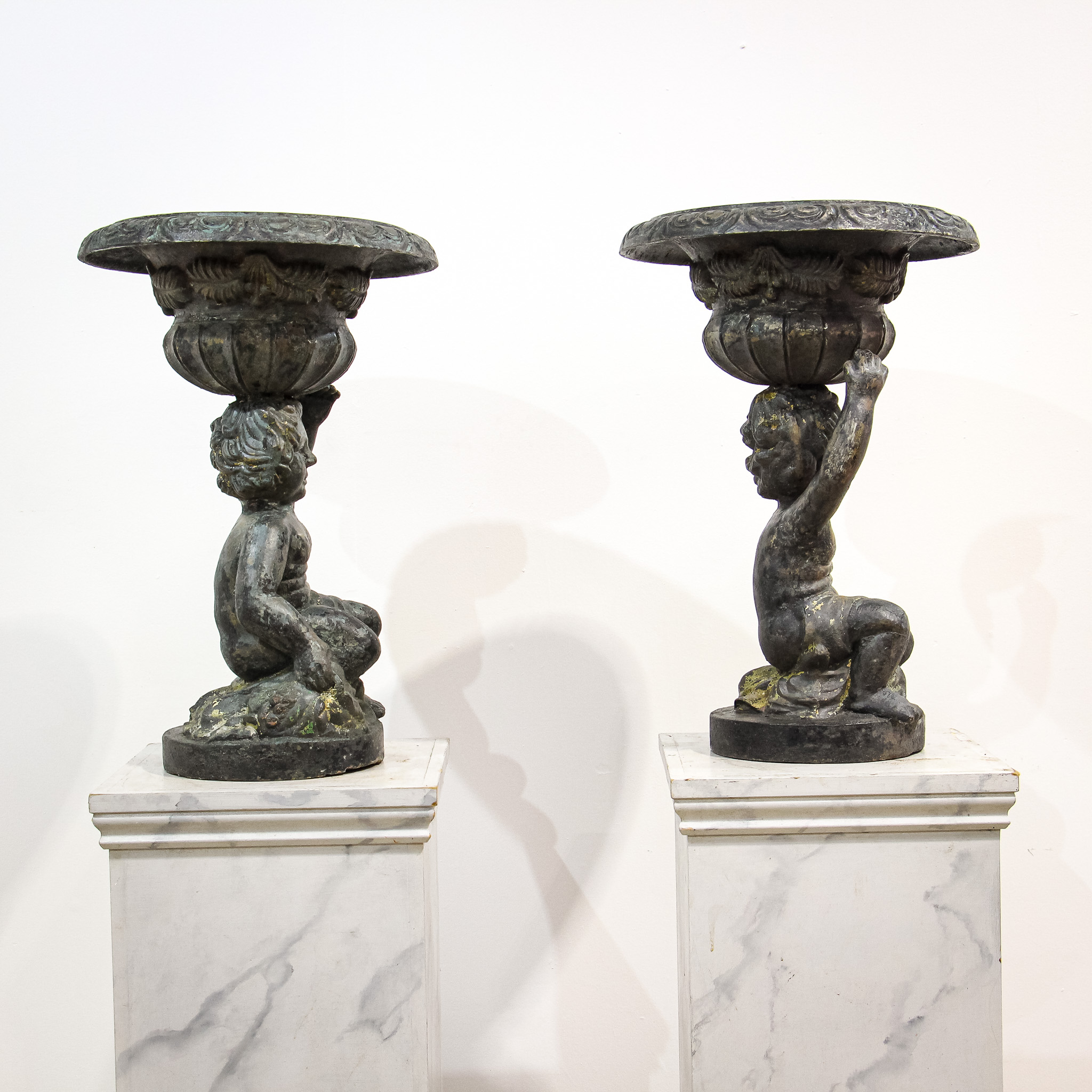 Pair of Sculptural Cast Iron Garden Planter Urns