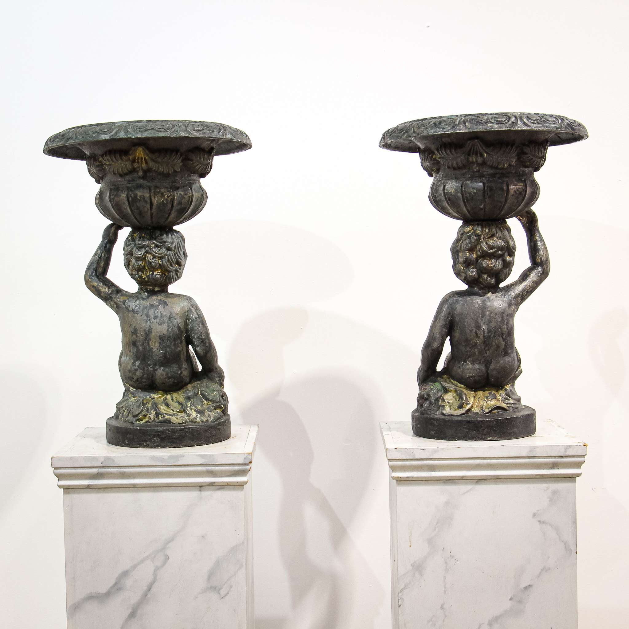 Pair of Sculptural Cast Iron Garden Planter Urns