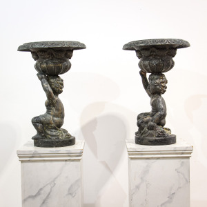 Pair of Sculptural Cast Iron Garden Planter Urns