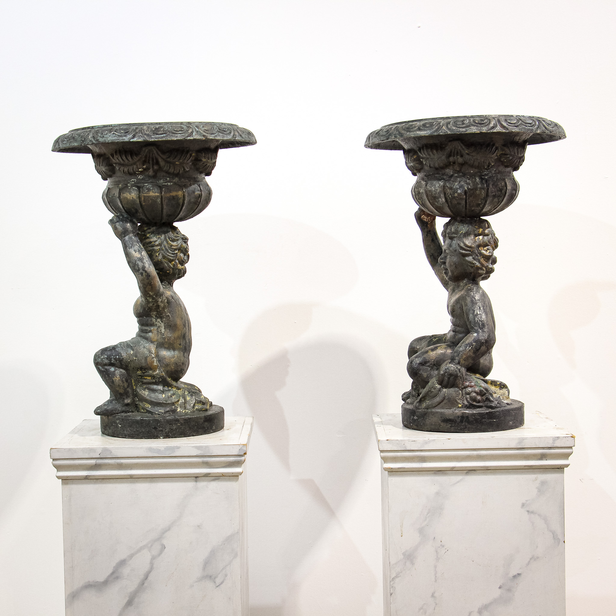 Pair of Sculptural Cast Iron Garden Planter Urns