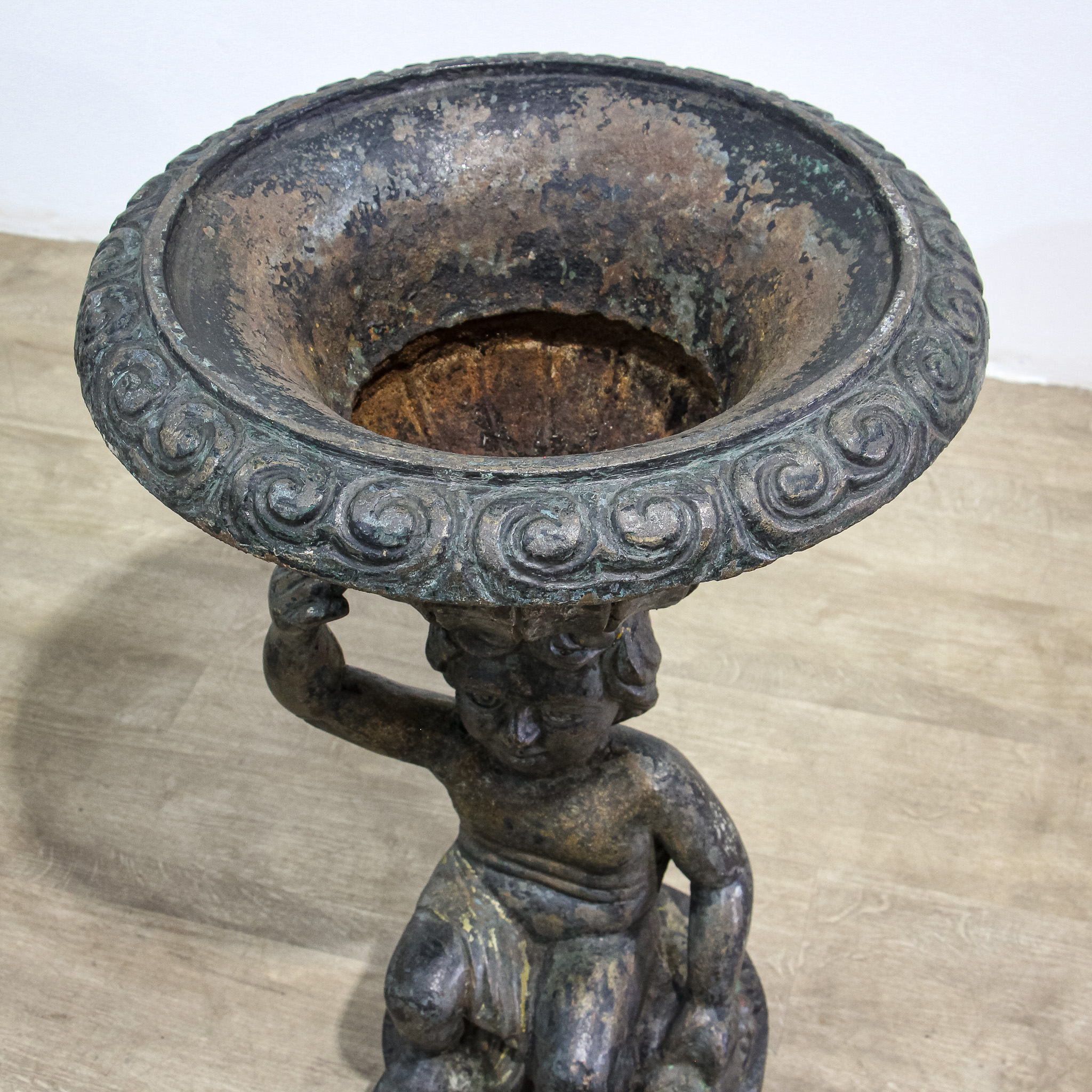 Pair of Sculptural Cast Iron Garden Planter Urns
