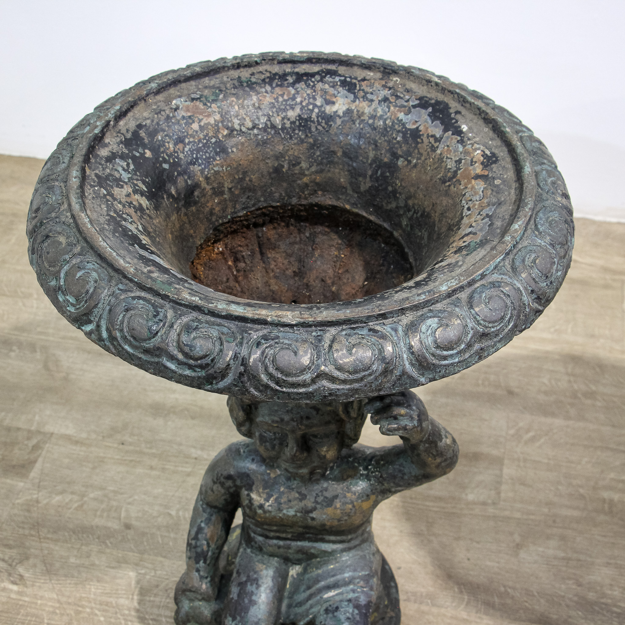 Pair of Sculptural Cast Iron Garden Planter Urns