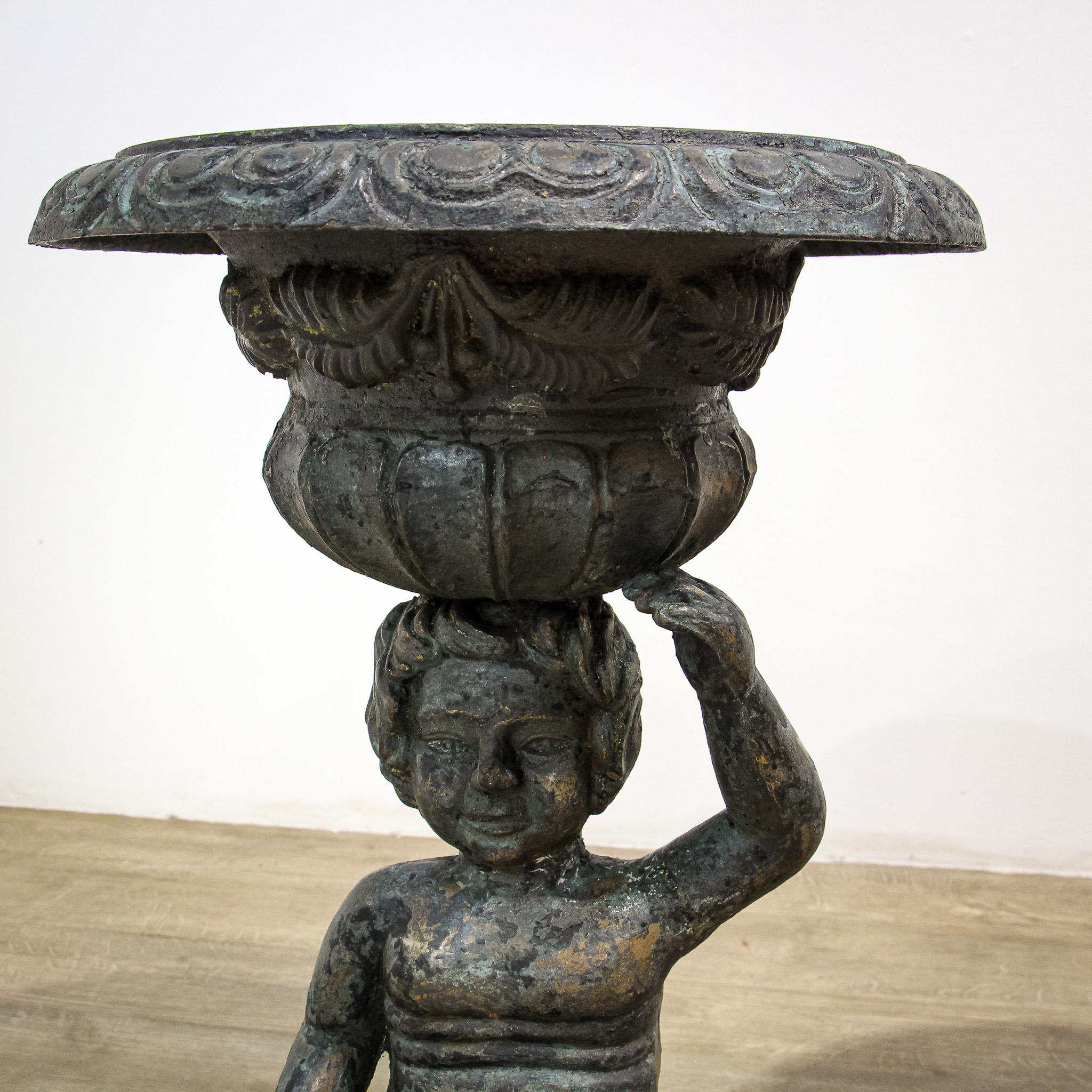 Pair of Sculptural Cast Iron Garden Planter Urns