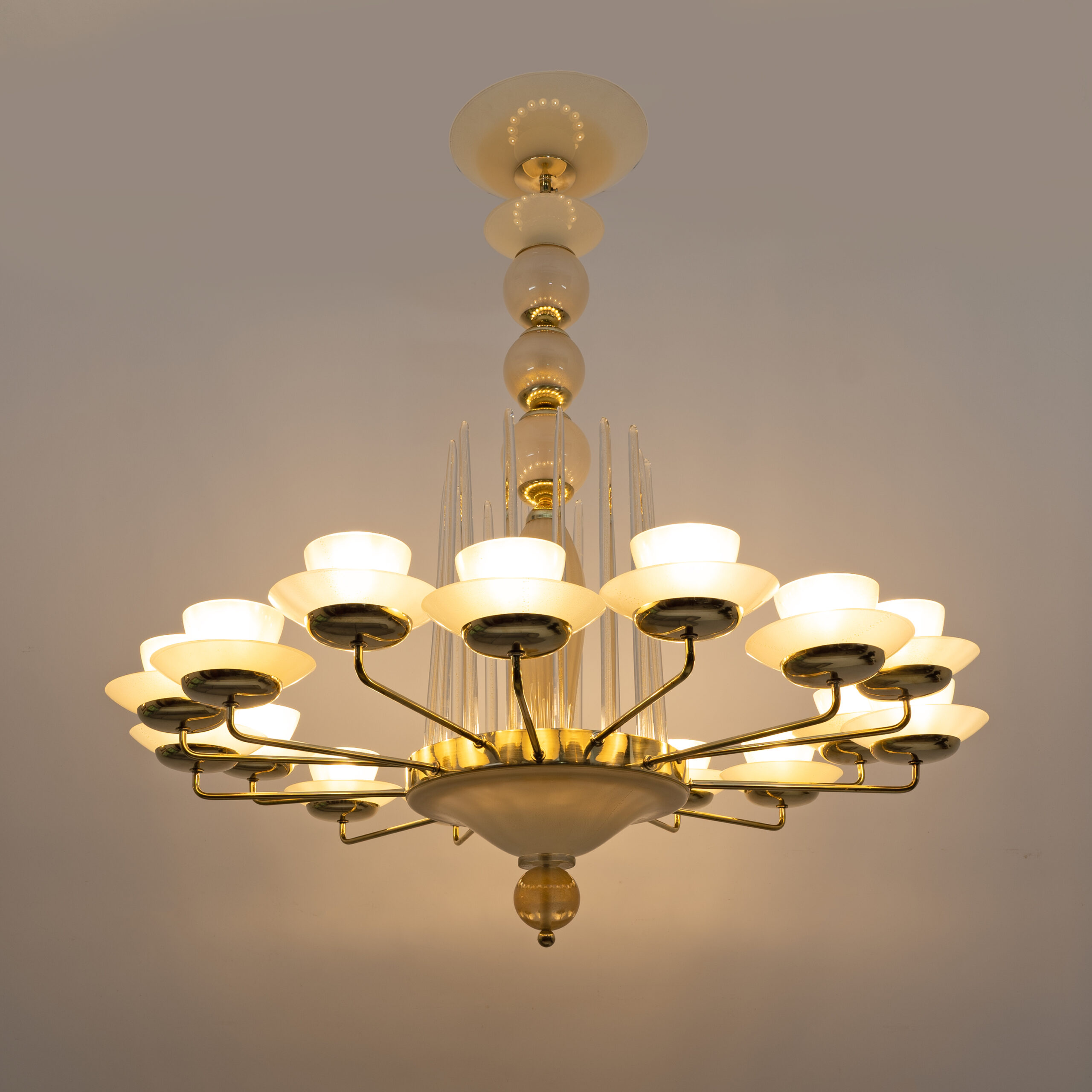 Mid Century Modern Style Brass and Murano Glass Big Chandelier