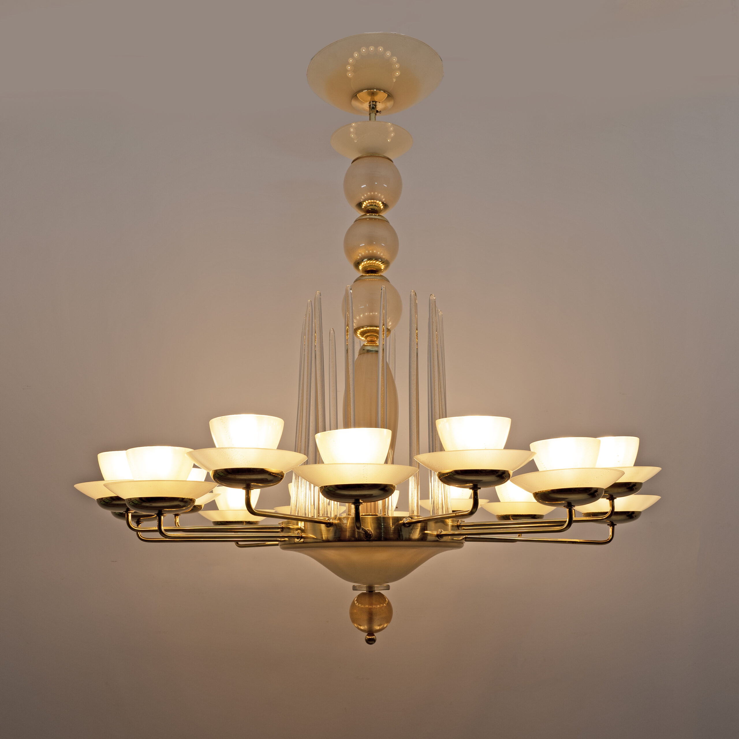 Mid Century Modern Style Brass and Murano Glass Big Chandelier