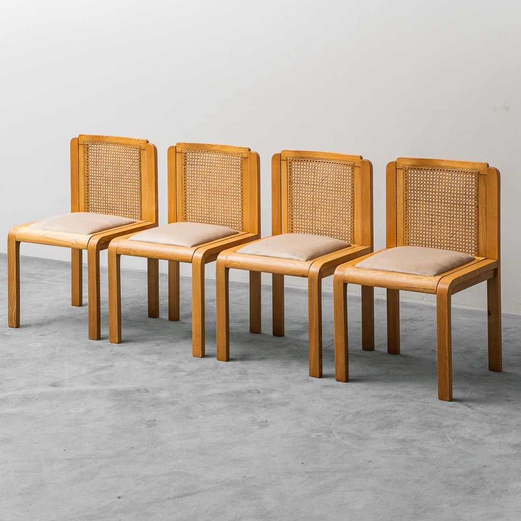 Set Of 4 Chairs Wood Velvet Ochre Vienna Straw 70s Vintage Modernism