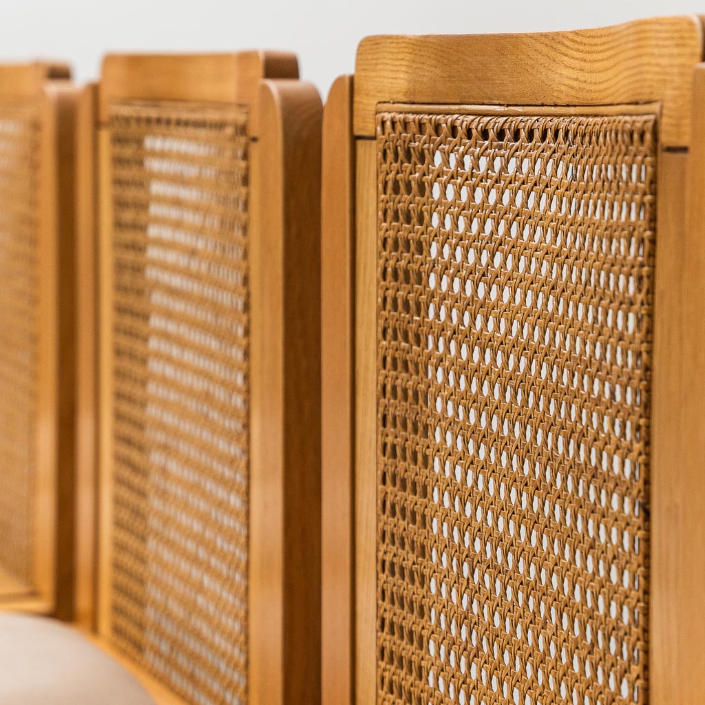 Set Of 4 Chairs Wood Velvet Ochre Vienna Straw 70s Vintage Modernism