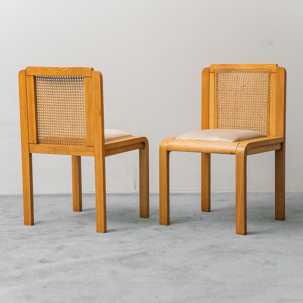 Set Of 4 Chairs Wood Velvet Ochre Vienna Straw 70s Vintage Modernism