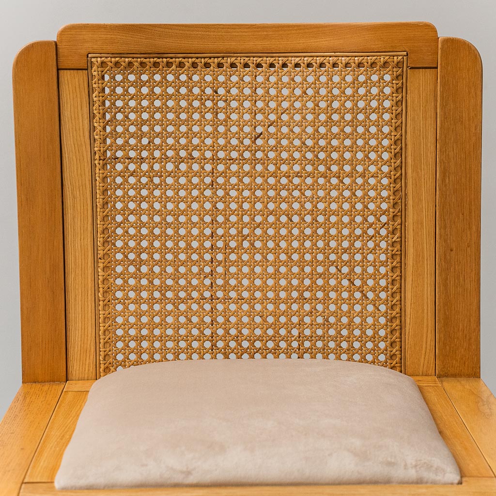 Set Of 4 Chairs Wood Velvet Ochre Vienna Straw 70s Vintage Modernism