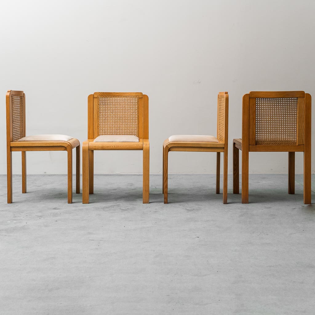 Set Of 4 Chairs Wood Velvet Ochre Vienna Straw 70s Vintage Modernism