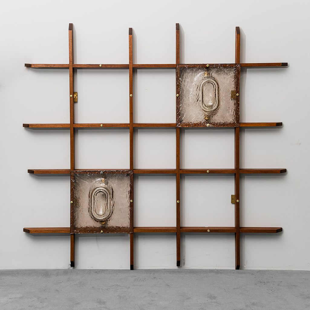 2-Light Wall Lamp With Teak Grid Frame Mazzega 1960s Vintage Modern Antiques