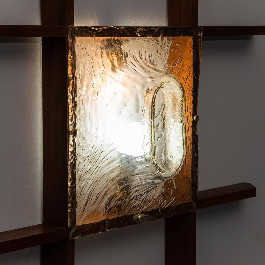 2-Light Wall Lamp With Teak Grid Frame Mazzega 1960s Vintage Modern Antiques