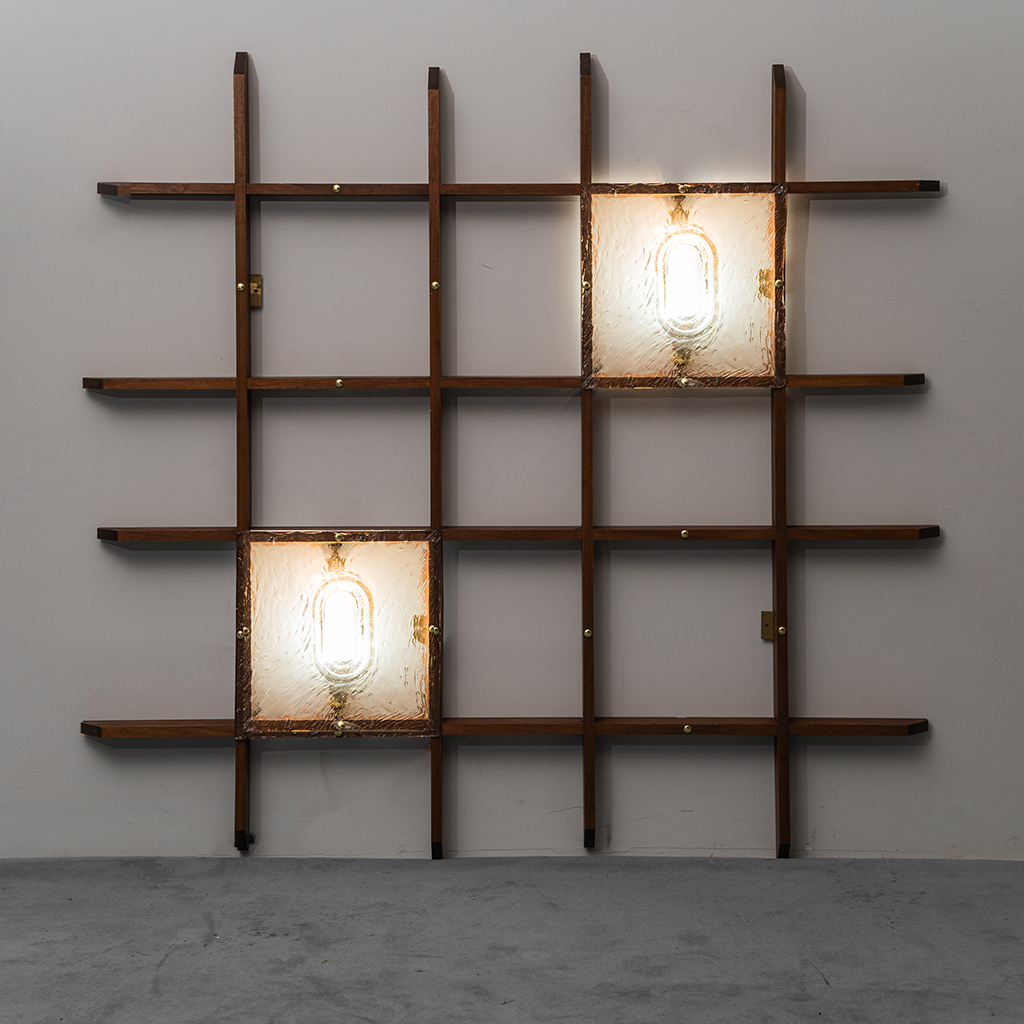 2-Light Wall Lamp With Teak Grid Frame Mazzega 1960s Vintage Modern Antiques