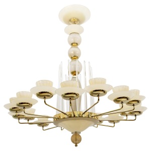 Mid Century Modern Style Brass and Murano Glass Big Chandelier