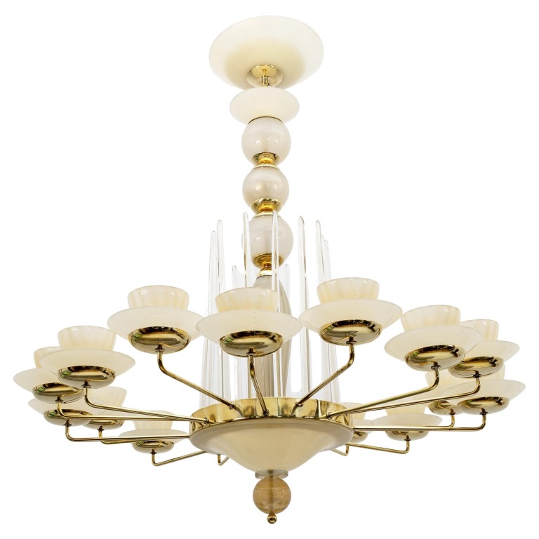 Mid Century Modern Style Brass and Murano Glass Big Chandelier