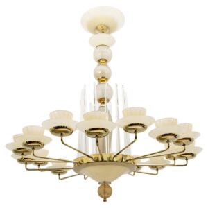 Mid Century Modern Style Brass and Murano Glass Big Chandelier