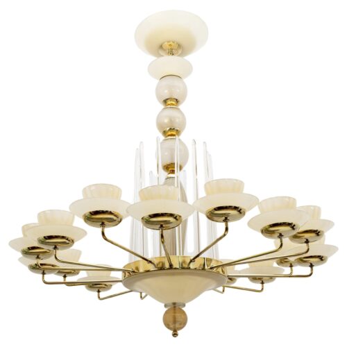 Mid Century Modern Style Brass and Murano Glass Big Chandelier