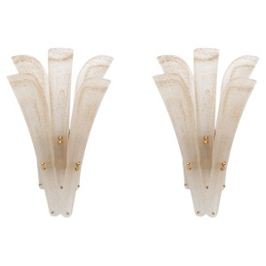 Pair of 20th Century Modern Sconces in Frosted Murano glass and Gold Leaf