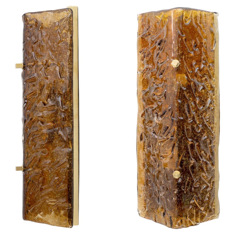 Pair of Mazzega Style Amber Murano Glass and Brass Sconces
