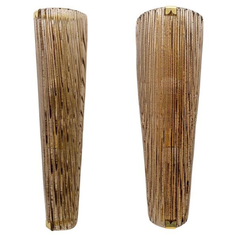Pair of Modern Amber Murano Glass and Brass Sconces