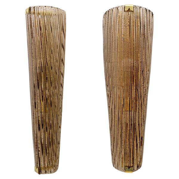 Pair of Modern Amber Murano Glass and Brass Sconces