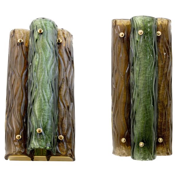 Pair of Modern Amber and Green Murano Glass and Brass Sconces
