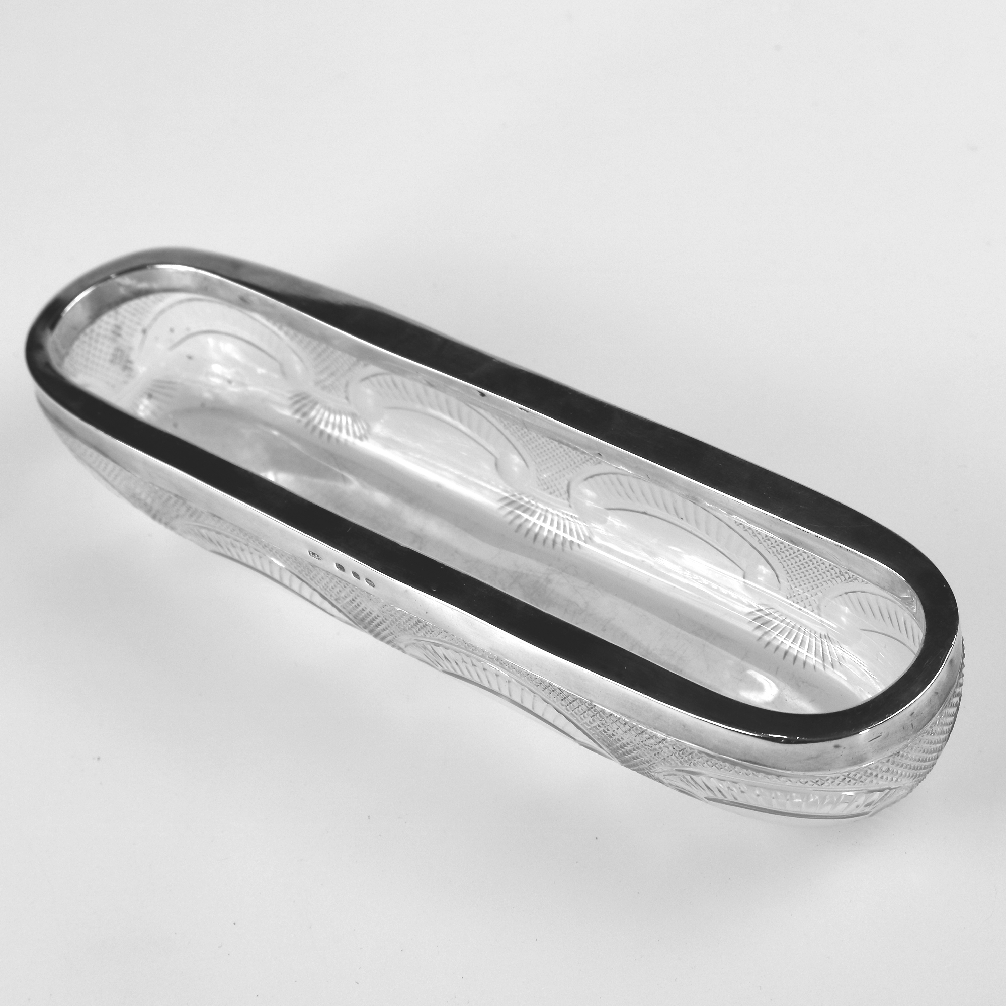 An antique Victorian English solid silver & cut glass Pen / Pin Tray C.1897
