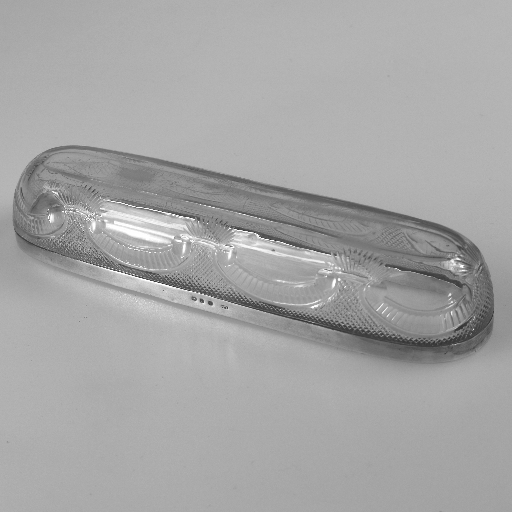 An antique Victorian English solid silver & cut glass Pen / Pin Tray C.1897