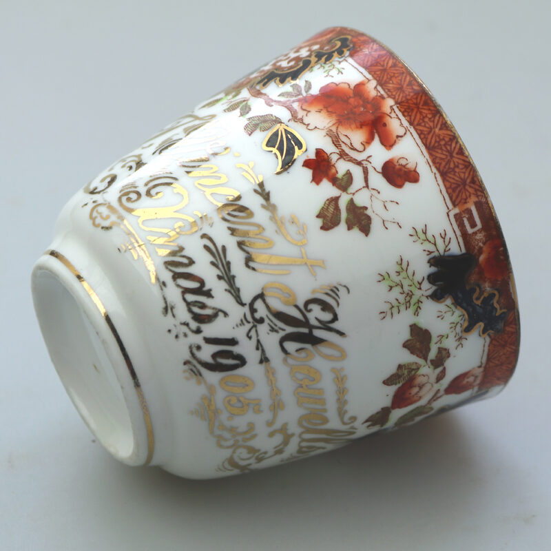 Unusual antique Staffordshire porcelain novelty Presentation Moustache Cup 1905