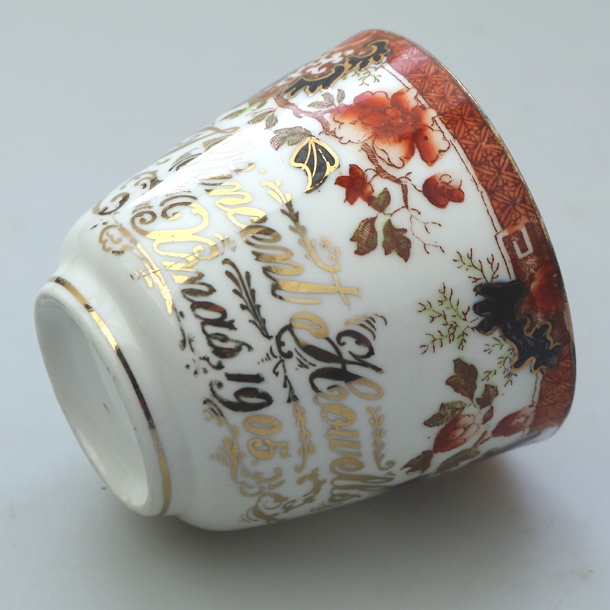 Unusual antique Staffordshire porcelain novelty Presentation Moustache Cup 1905