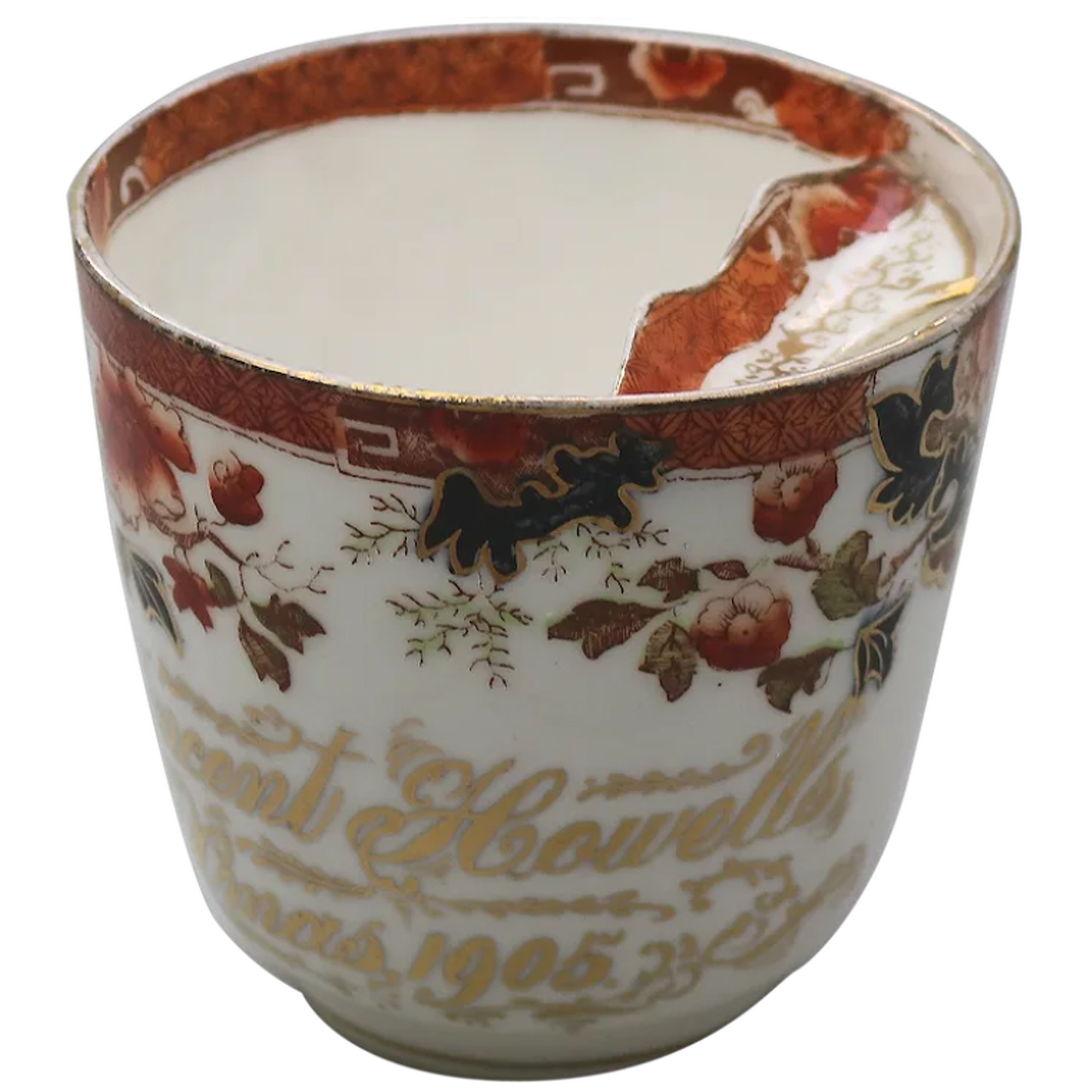 Unusual antique Staffordshire porcelain novelty Presentation Moustache Cup 1905