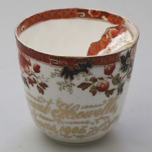 Unusual antique Staffordshire porcelain novelty Presentation Moustache Cup 1905