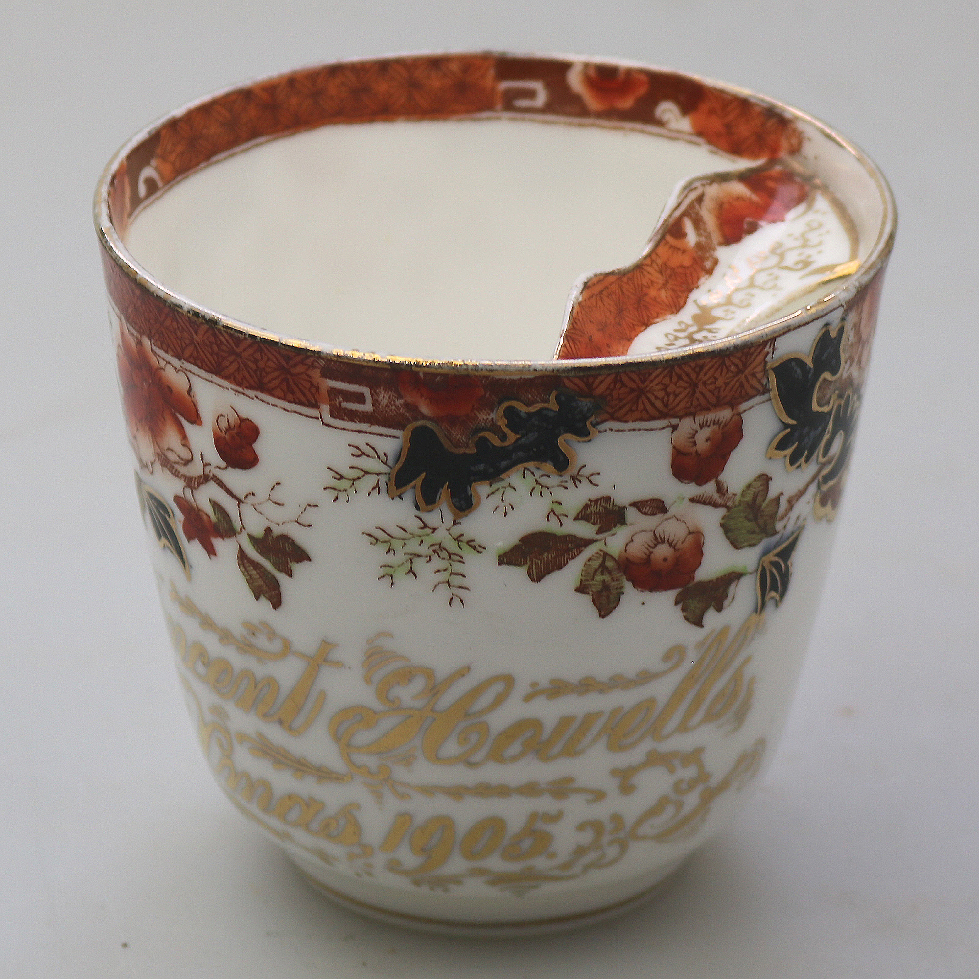 Unusual antique Staffordshire porcelain novelty Presentation Moustache Cup 1905