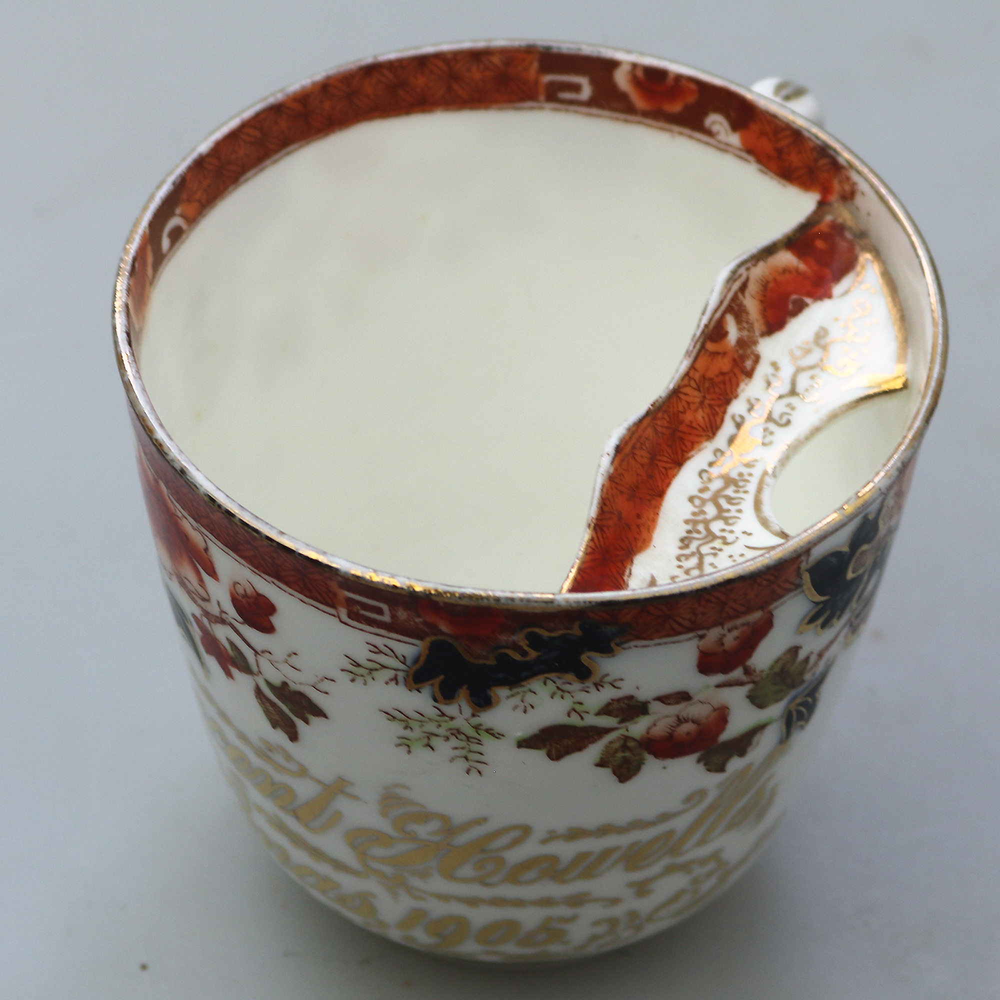 Unusual antique Staffordshire porcelain novelty Presentation Moustache Cup 1905