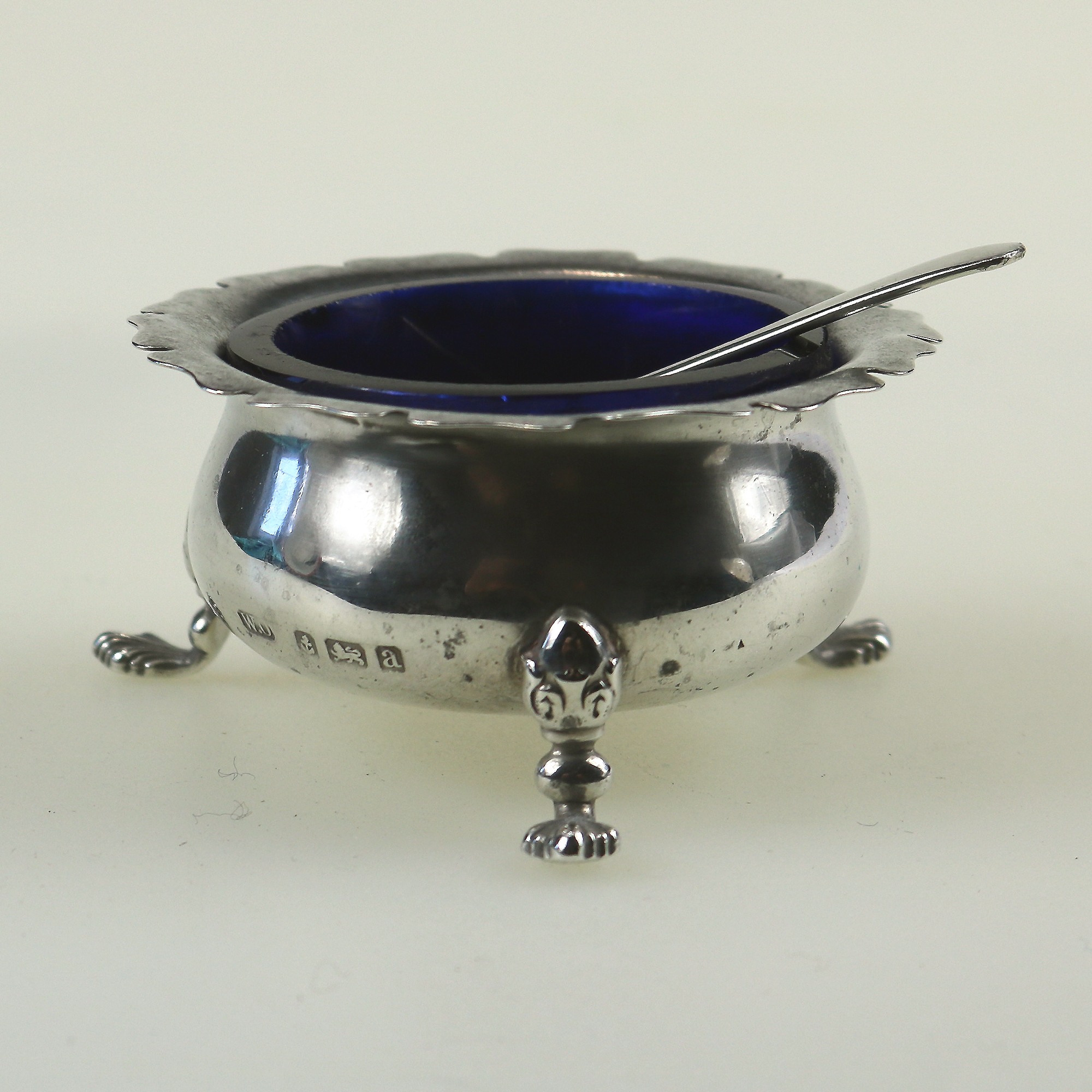 An antique Victorian English solid silver Cauldron Salt Cellar and Spoon C.1900