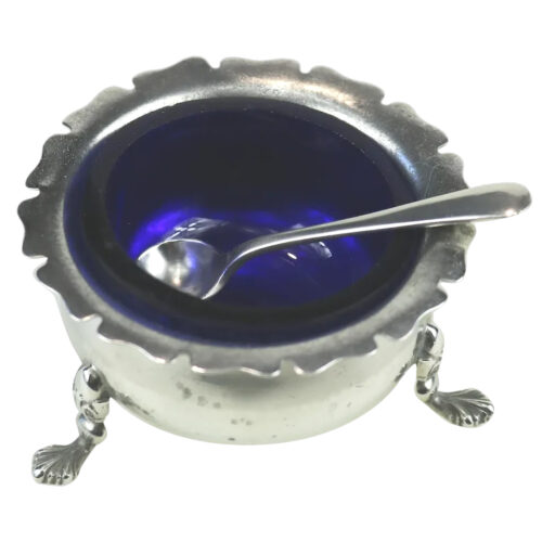 An antique Victorian English solid silver Cauldron Salt Cellar and Spoon C.1900