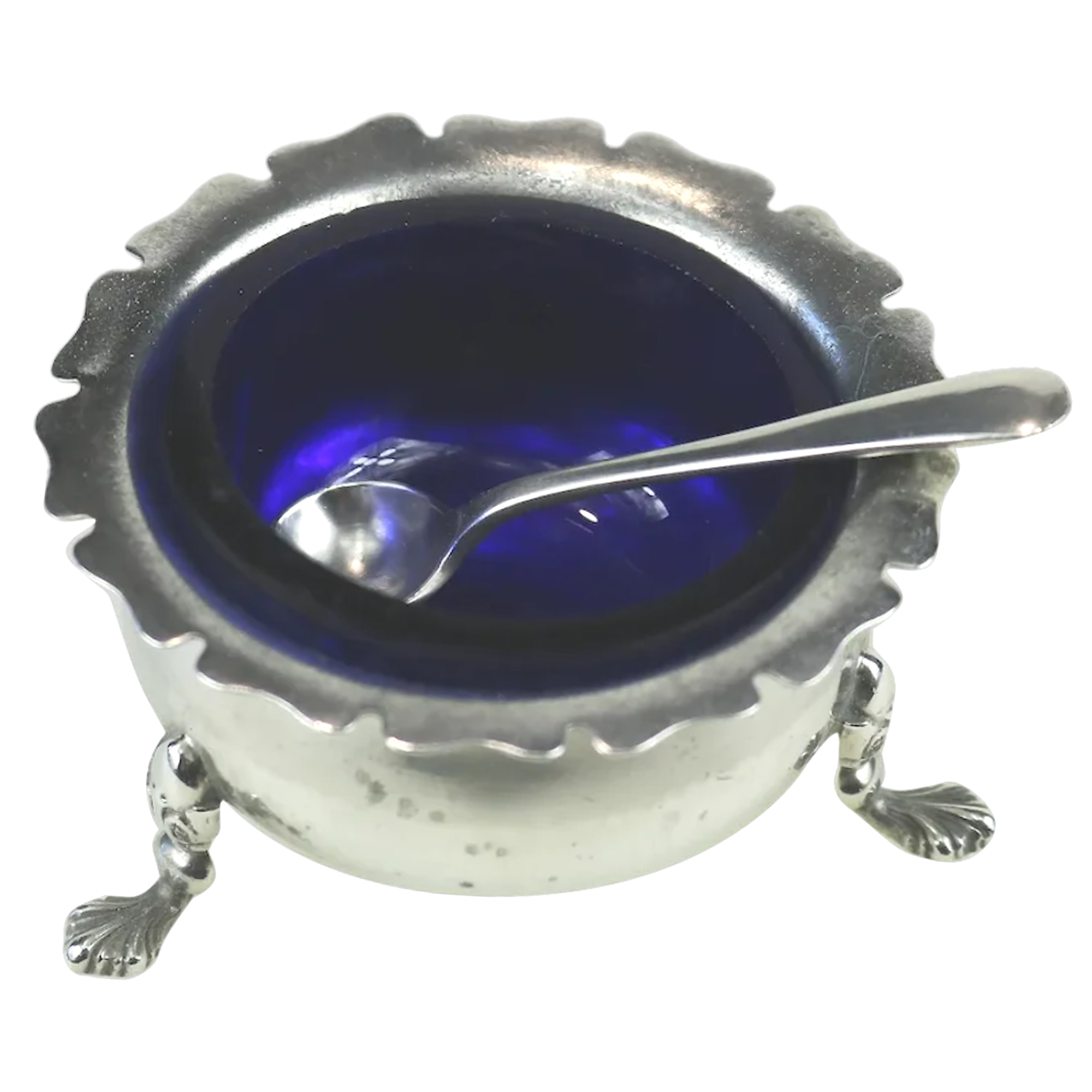 An antique Victorian English solid silver Cauldron Salt Cellar and Spoon C.1900