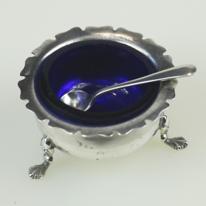 An antique Victorian English solid silver Cauldron Salt Cellar and Spoon C.1900