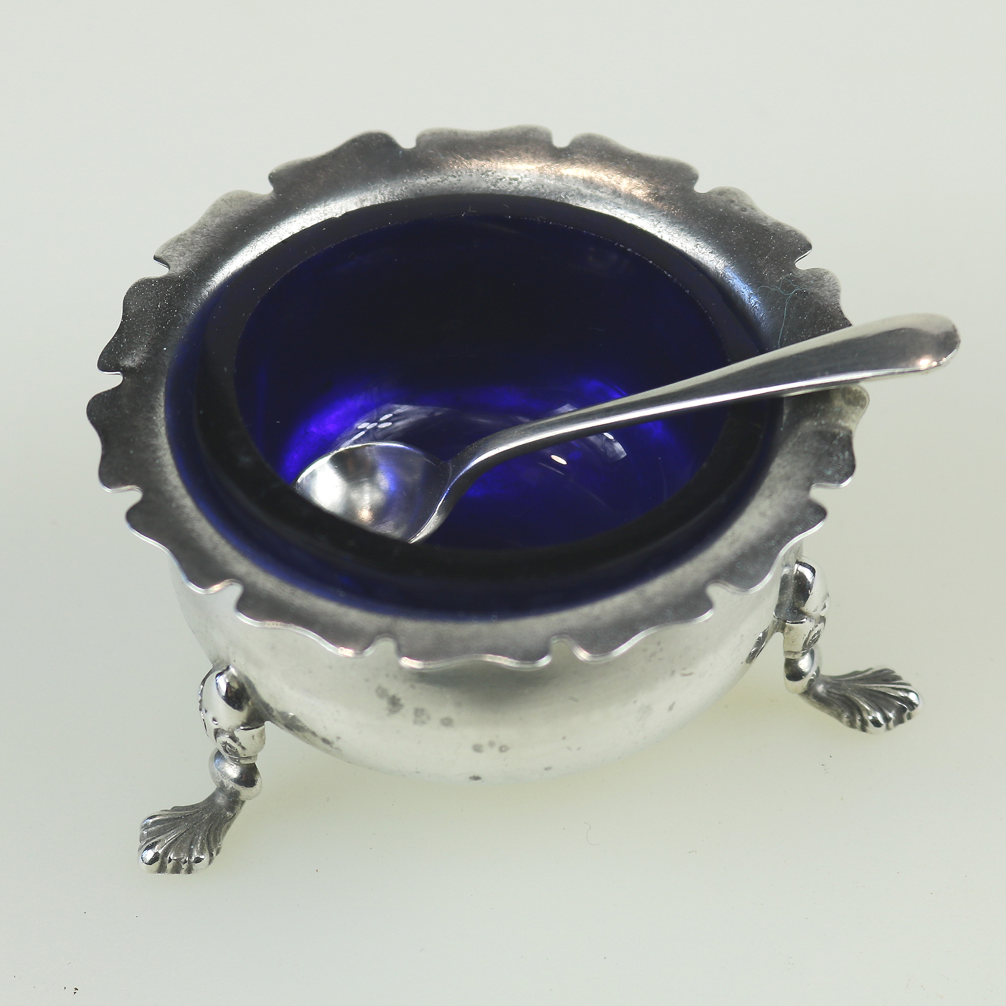 An antique Victorian English solid silver Cauldron Salt Cellar and Spoon C.1900
