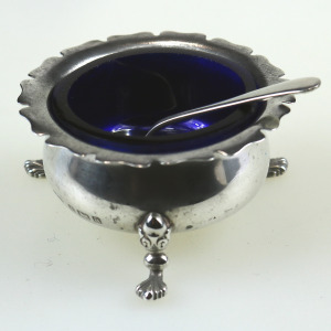 An antique Victorian English solid silver Cauldron Salt Cellar and Spoon C.1900