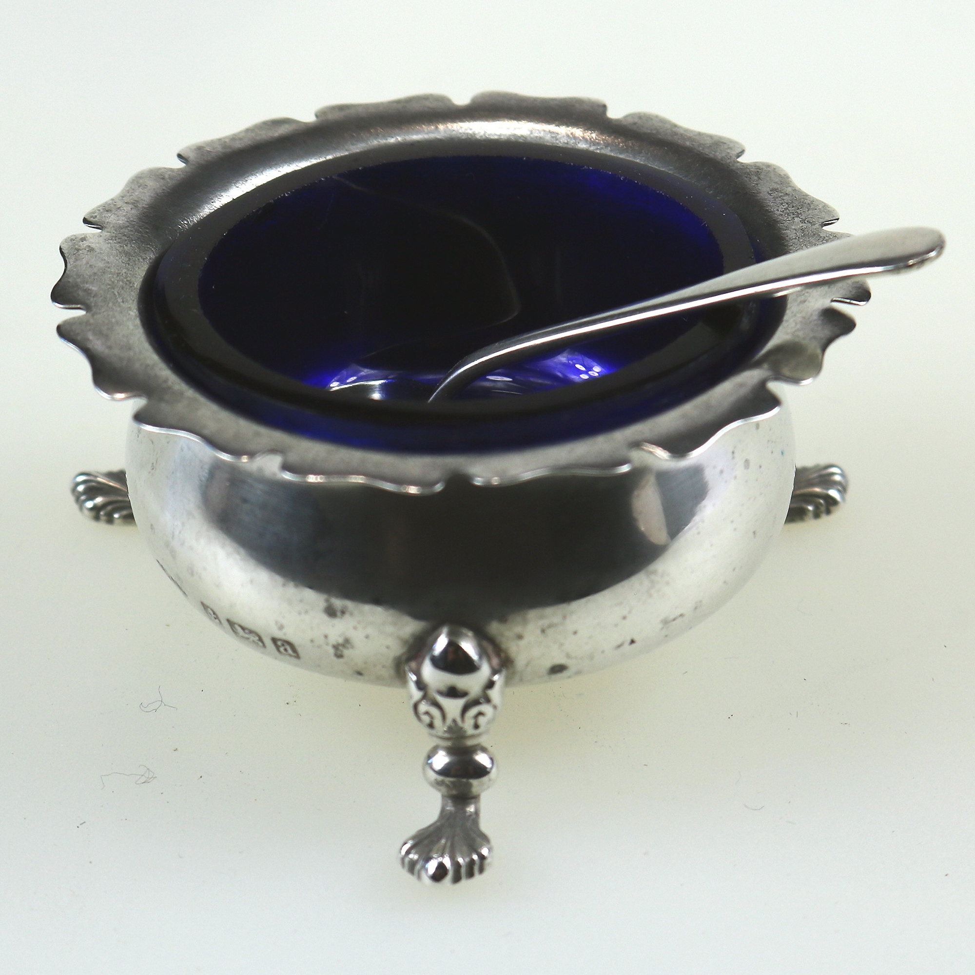 An antique Victorian English solid silver Cauldron Salt Cellar and Spoon C.1900