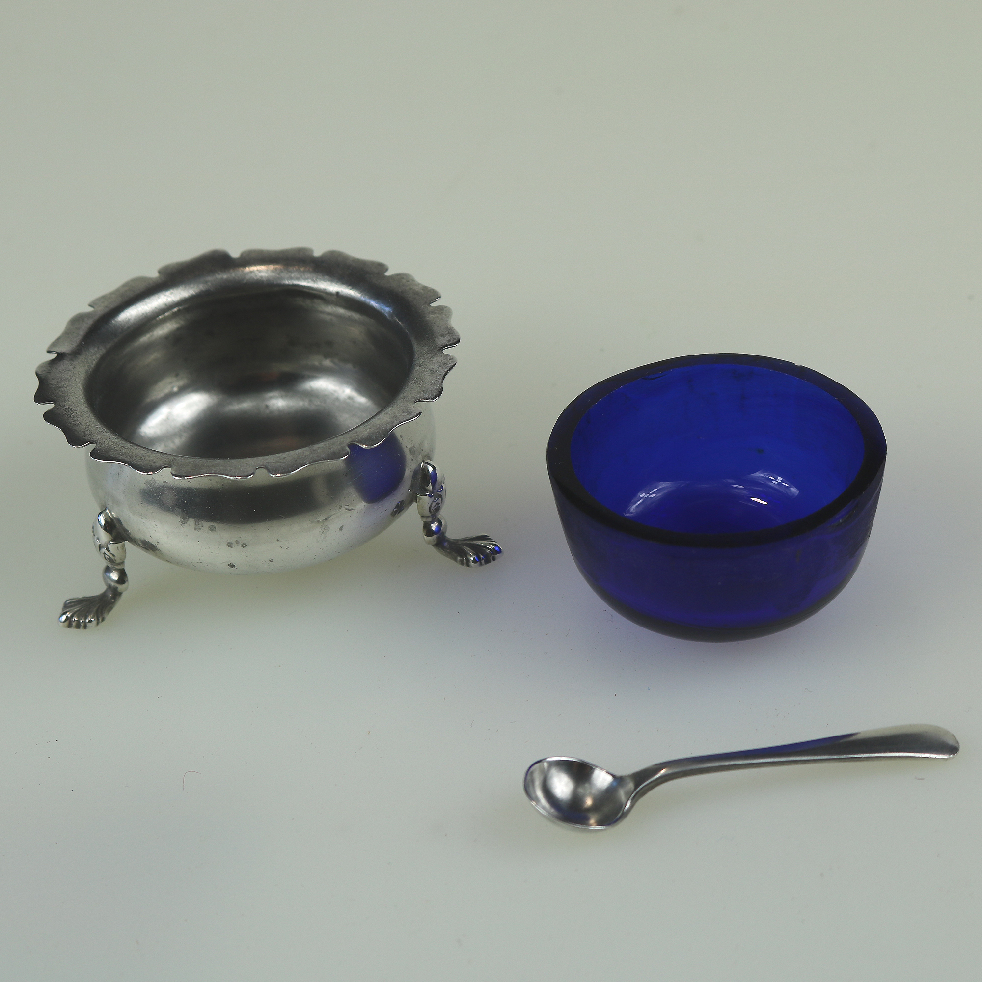 An antique Victorian English solid silver Cauldron Salt Cellar and Spoon C.1900
