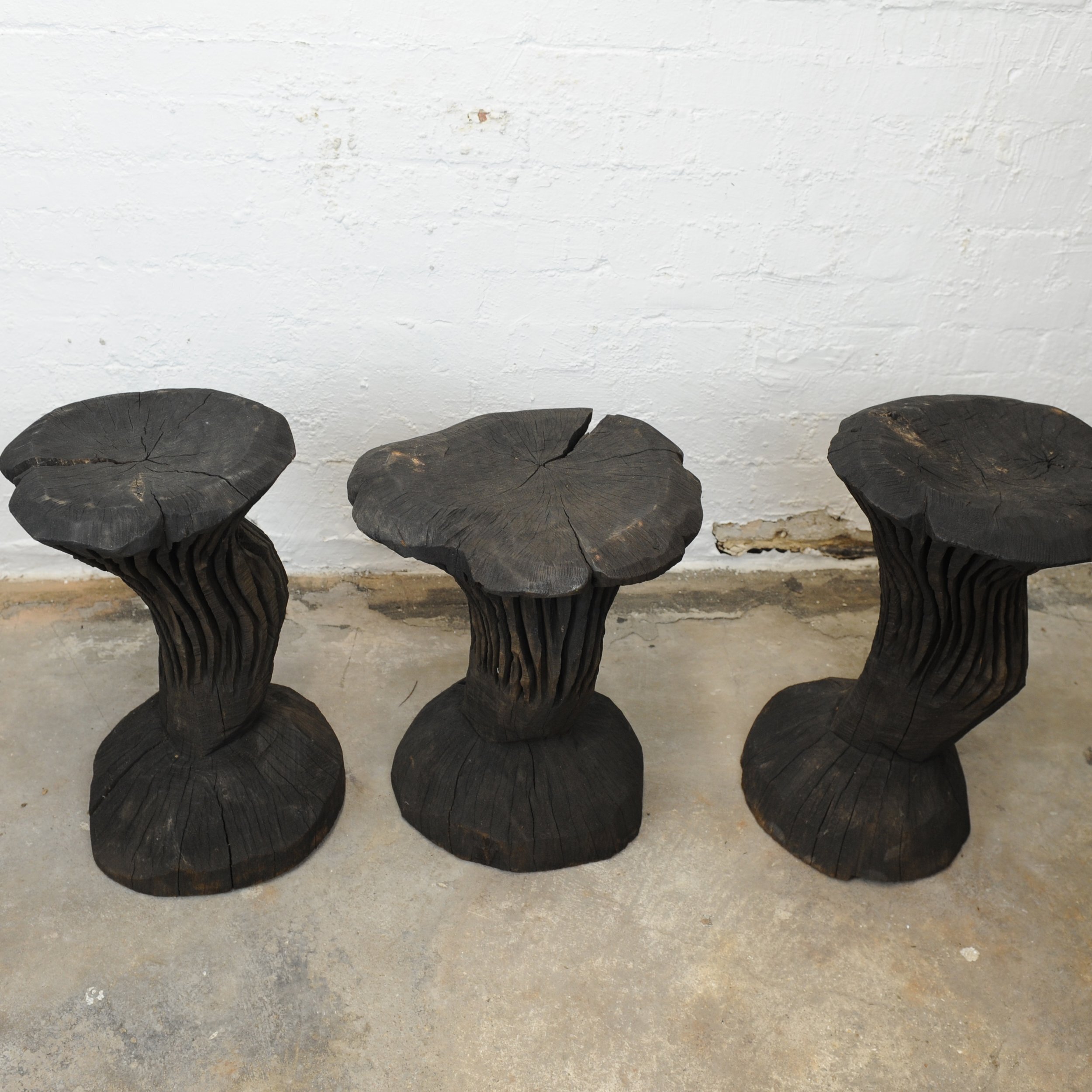 Solid Burnt Wood, Sculptural Side Tables, Set Of 3, 1980s