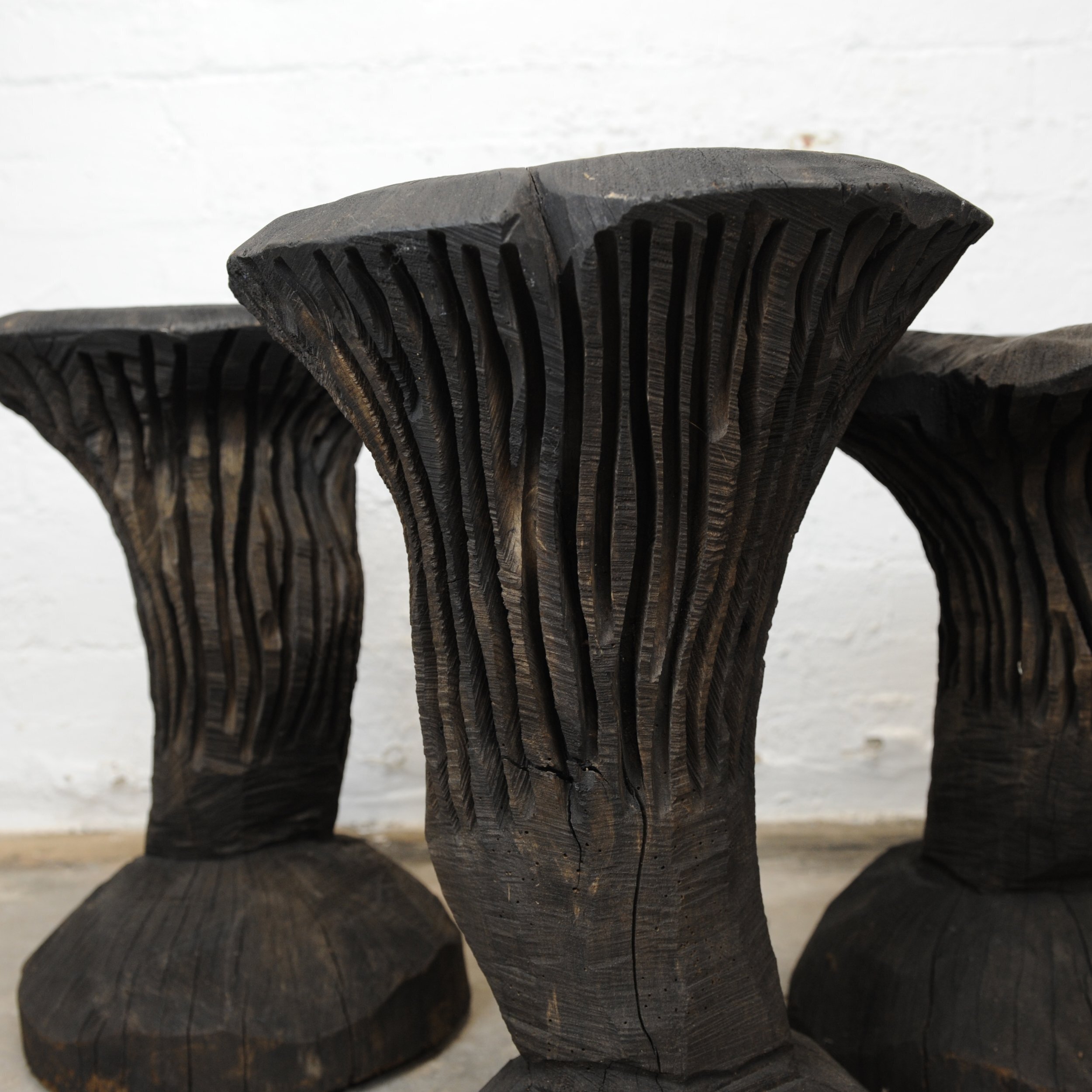 Solid Burnt Wood, Sculptural Side Tables, Set Of 3, 1980s