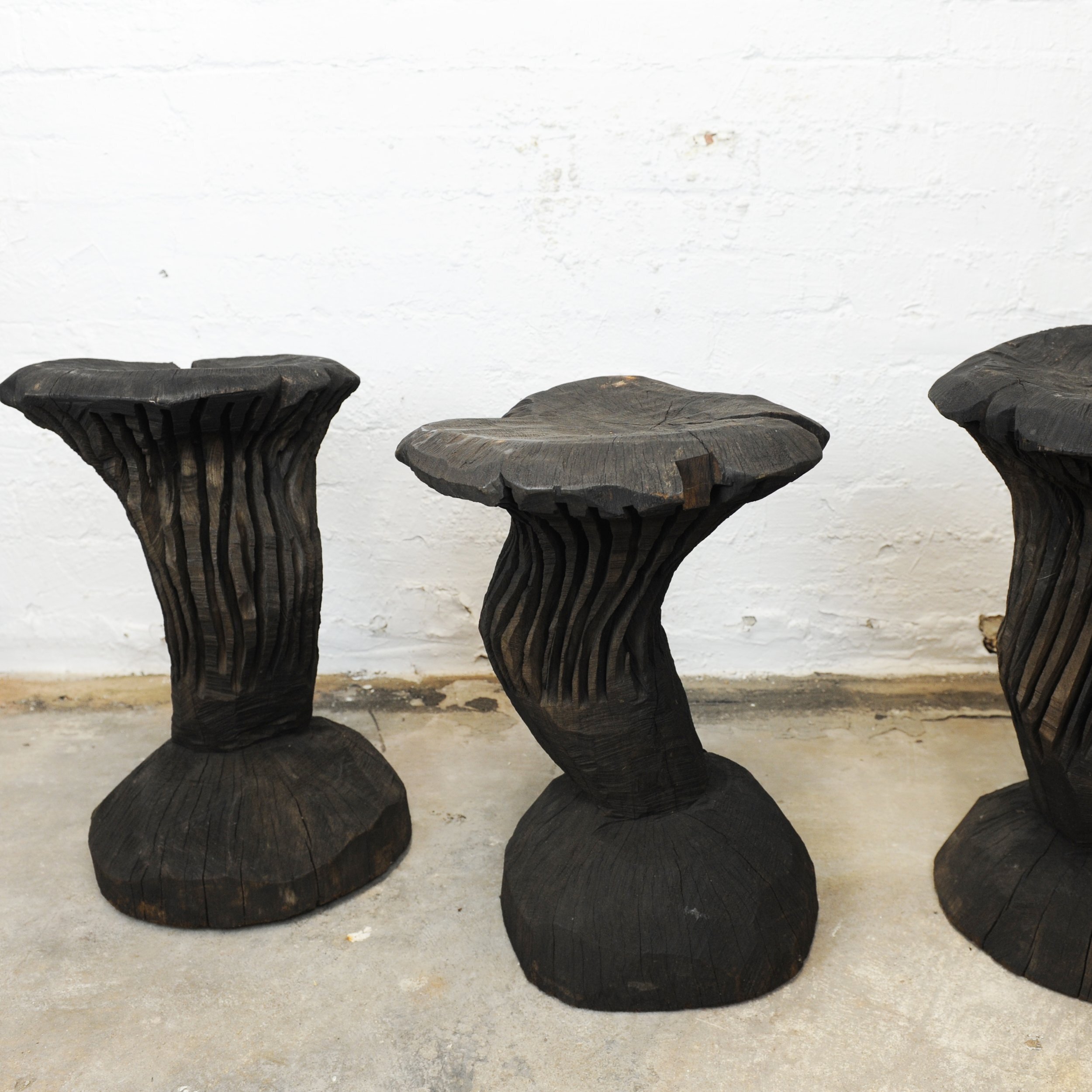 Solid Burnt Wood, Sculptural Side Tables, Set Of 3, 1980s