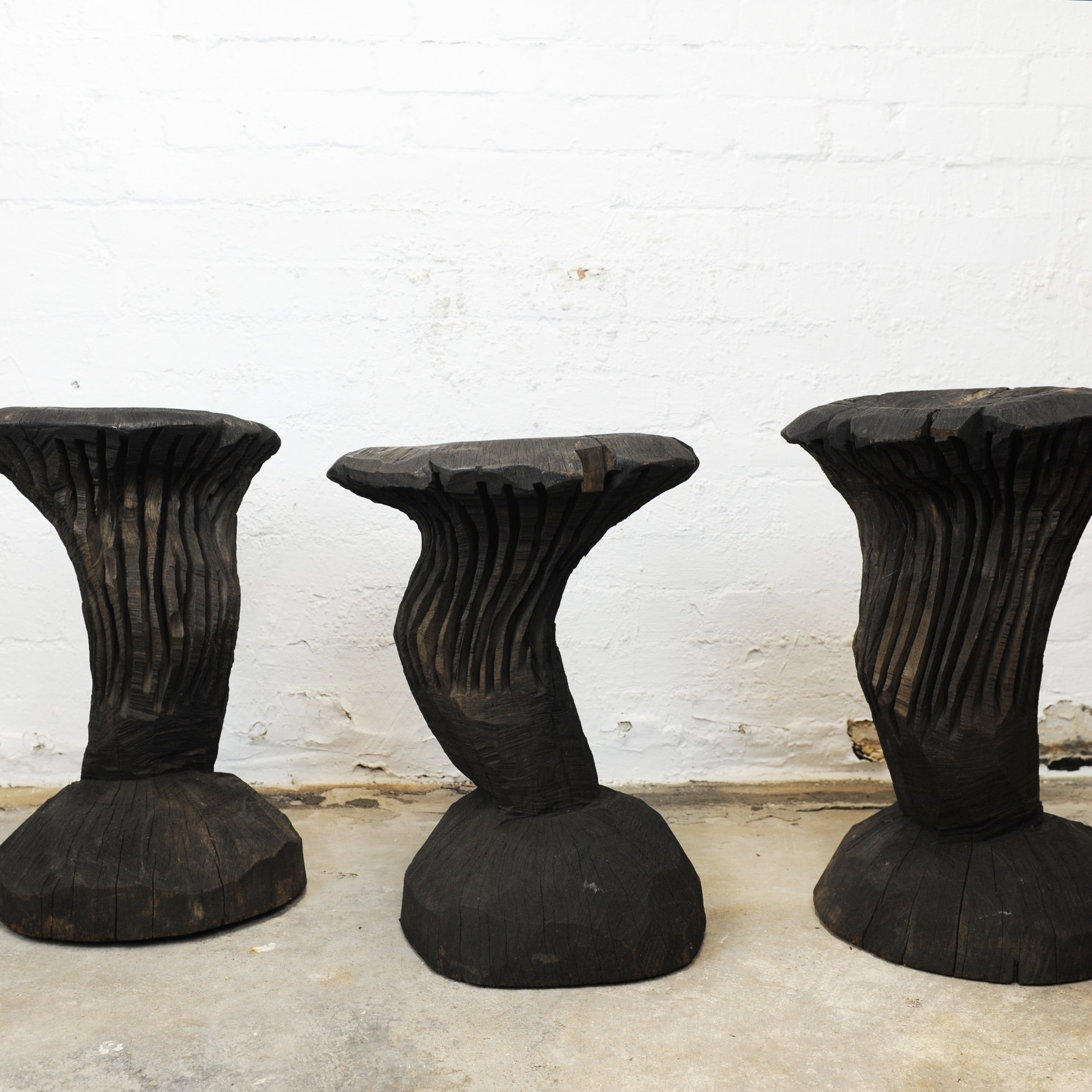 Solid Burnt Wood, Sculptural Side Tables, Set Of 3, 1980s
