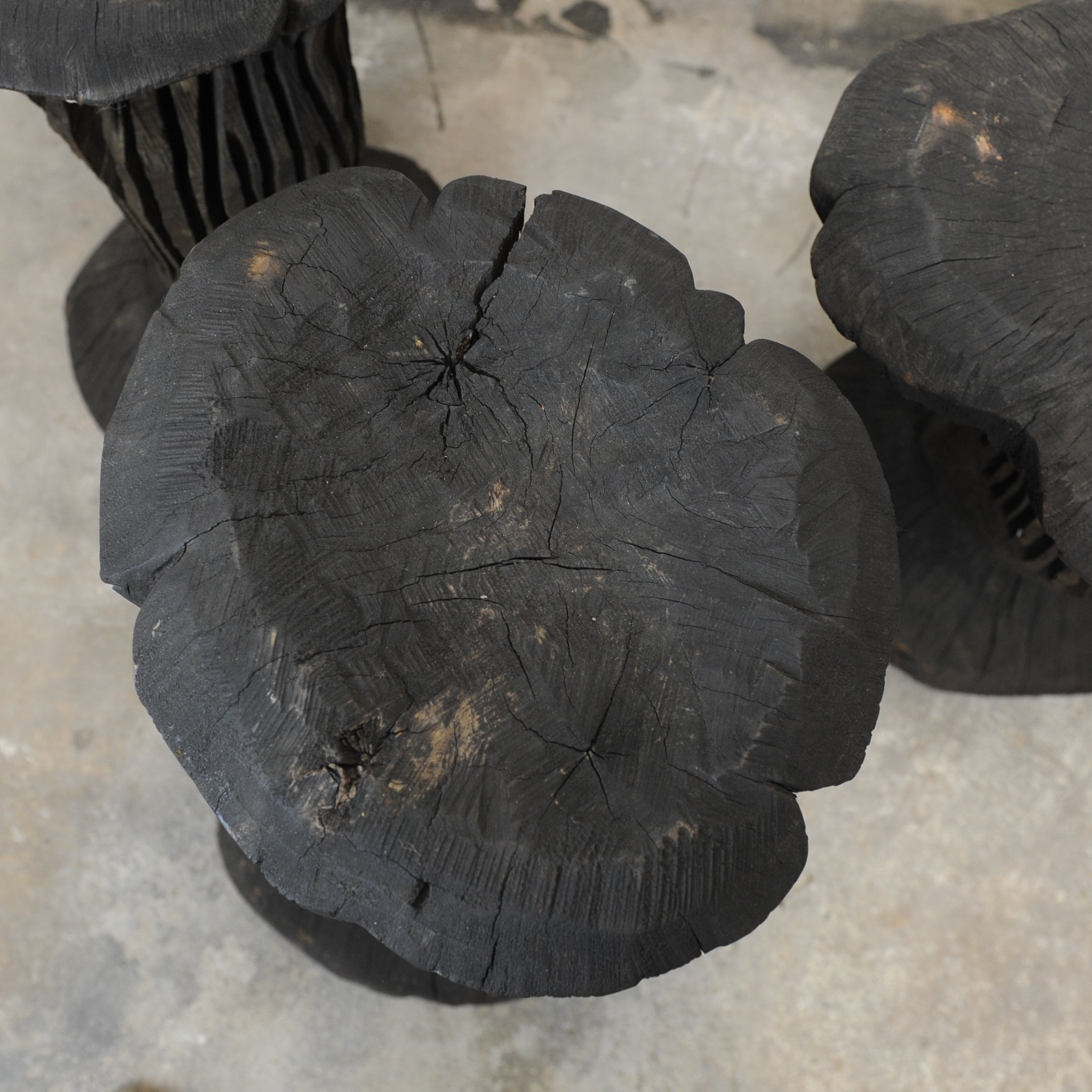 Solid Burnt Wood, Sculptural Side Tables, Set Of 3, 1980s